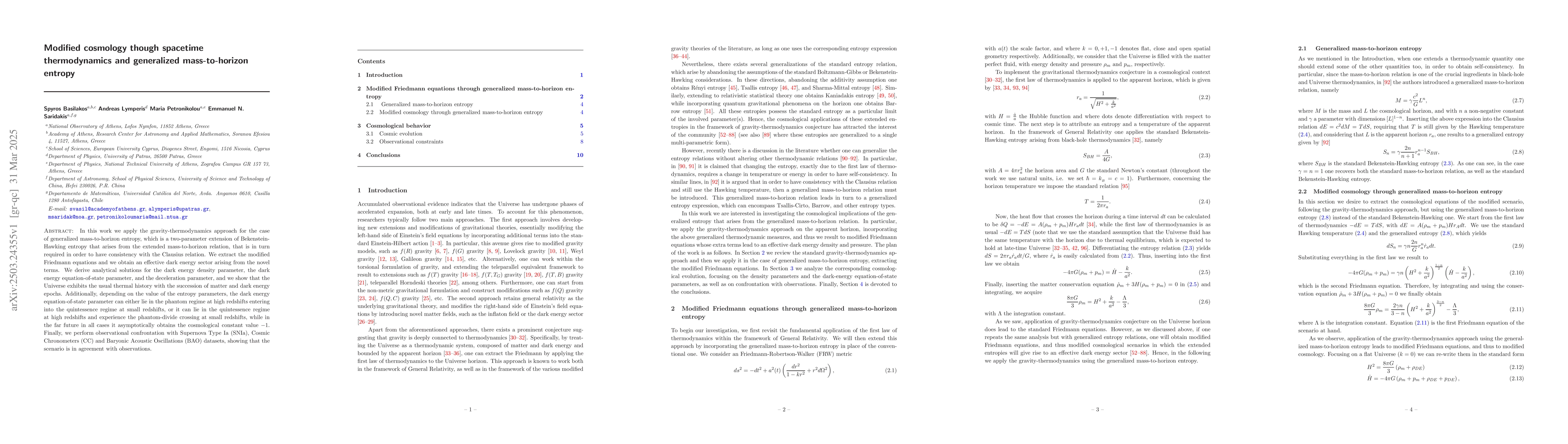 Thumbnail for Modified cosmology though spacetime thermodynamics and generalized
  mass-to-horizon entropy