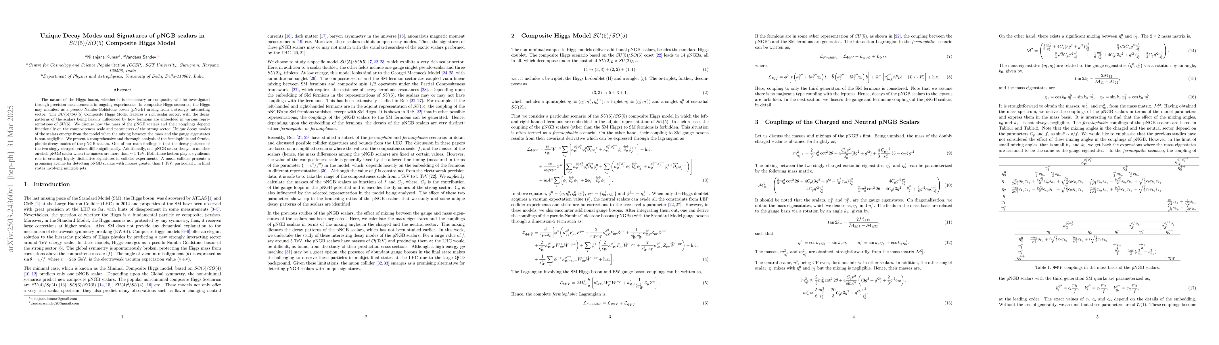 Thumbnail for Unique Decay Modes and Signatures of pNGB scalars in $SU(5)/SO(5)$
  Composite Higgs Model