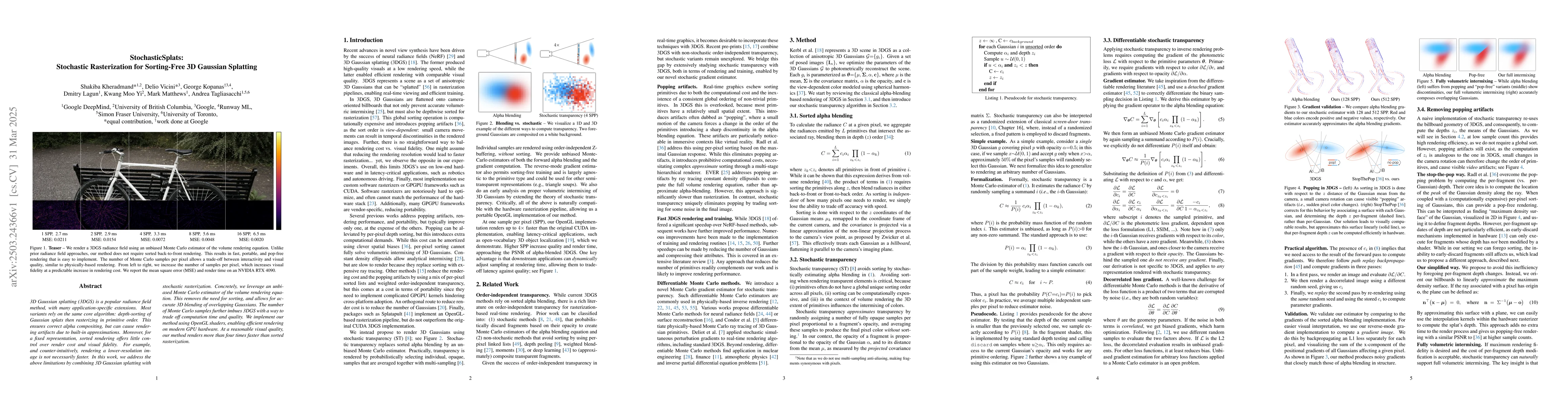 Thumbnail for StochasticSplats: Stochastic Rasterization for Sorting-Free 3D Gaussian
  Splatting