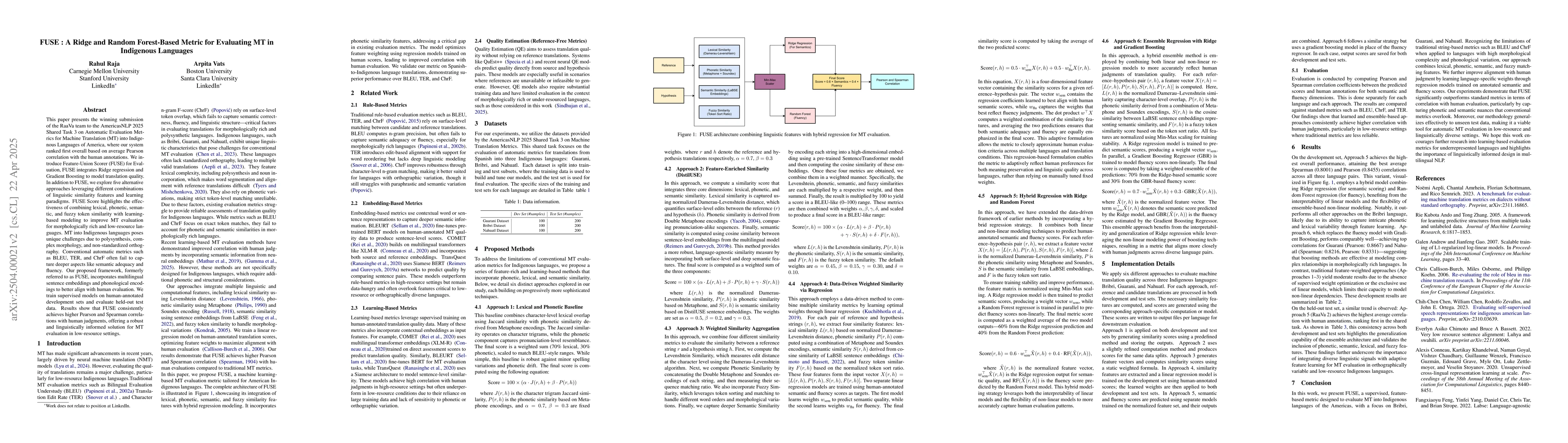 Thumbnail for FUSE : A Ridge and Random Forest-Based Metric for Evaluating MT in
  Indigenous Languages