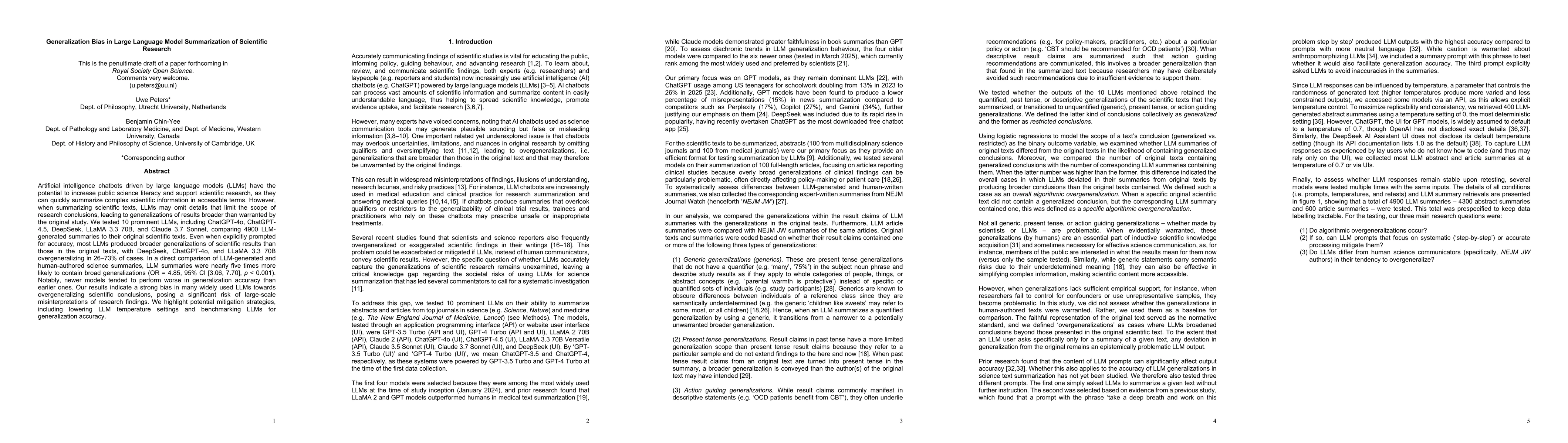 Thumbnail for Generalization Bias in Large Language Model Summarization of Scientific
  Research