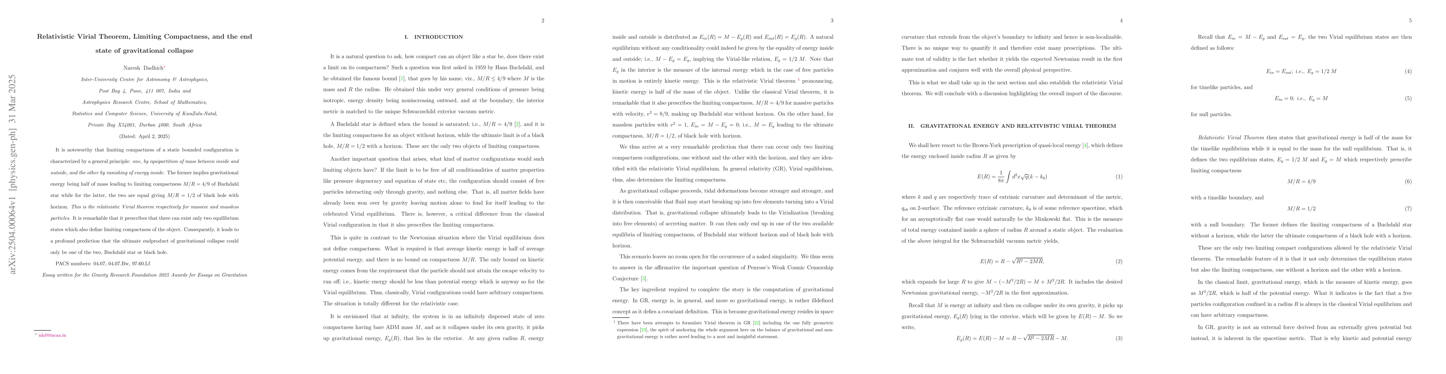 Thumbnail for Relativistic Virial Theorem, Limiting Compactness, and the end state of
  gravitational collapse