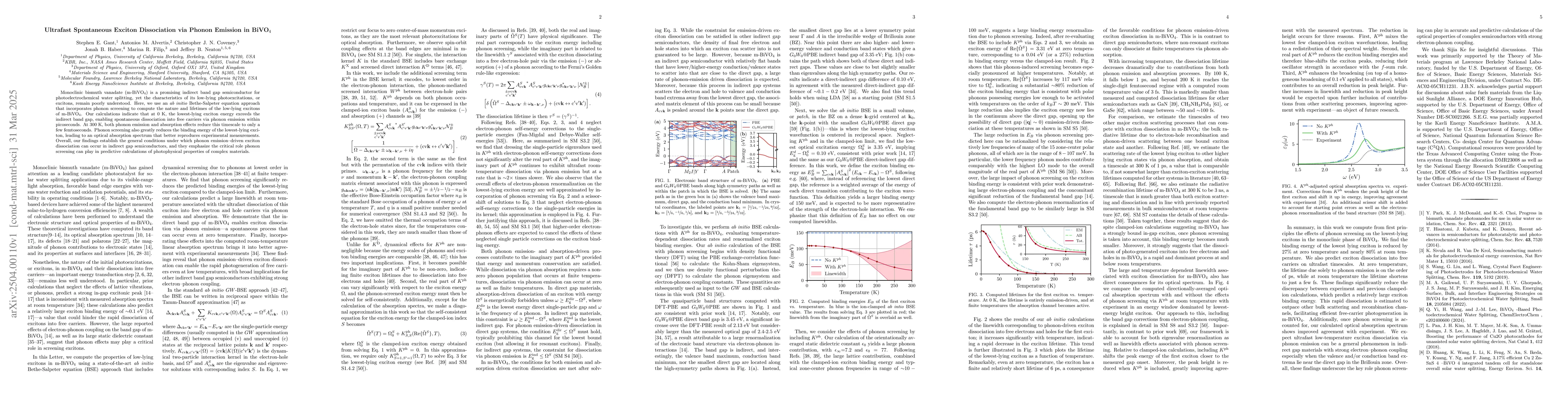 Thumbnail for Ultrafast Spontaneous Exciton Dissociation via Phonon Emission in
  BiVO$_4$