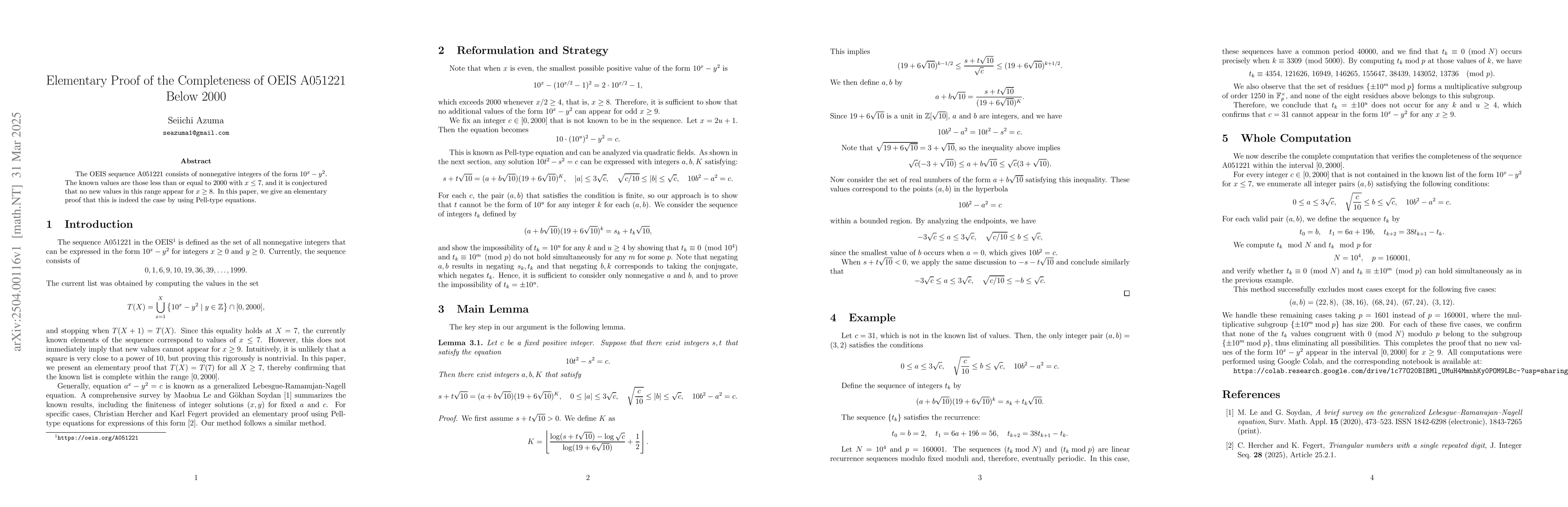 Thumbnail for Elementary Proof of the Completeness of OEIS A051221 Below 2000
