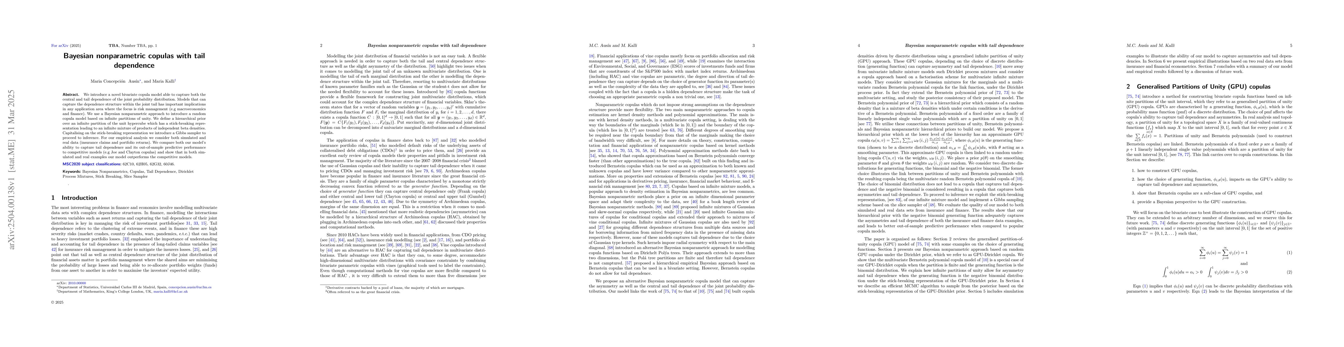 Thumbnail for Bayesian nonparametric copulas with tail dependence