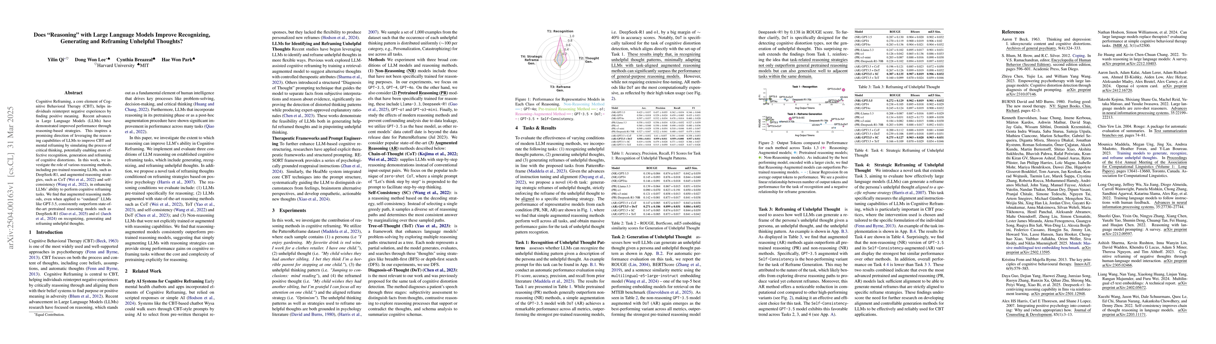 Thumbnail for Does "Reasoning" with Large Language Models Improve Recognizing,
  Generating, and Reframing Unhelpful Thoughts?