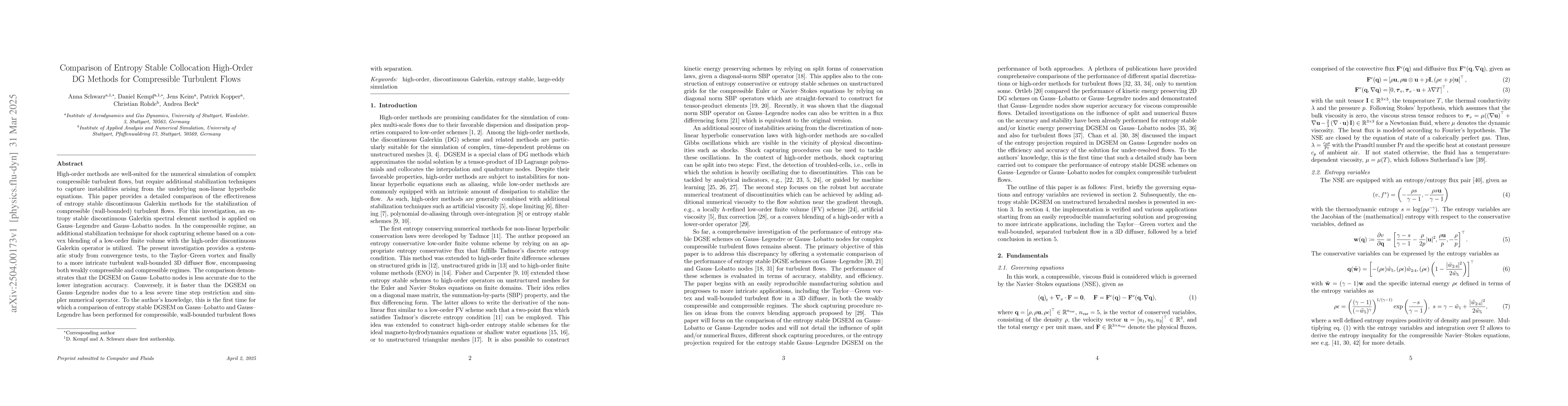 Thumbnail for Comparison of Entropy Stable Collocation High-Order DG Methods for
  Compressible Turbulent Flows