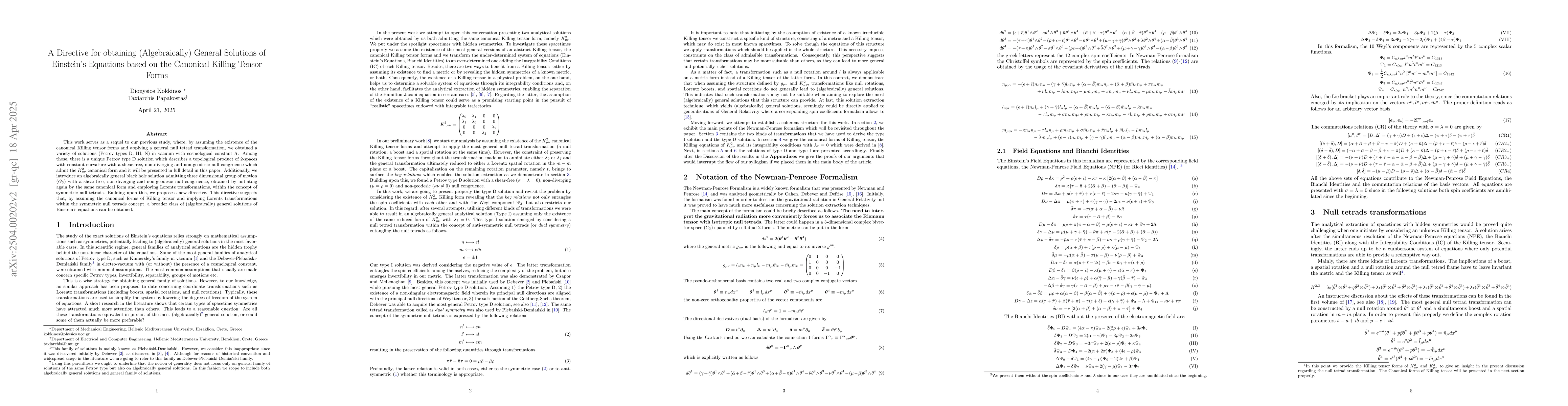 Thumbnail for A Directive for Obtaining Algebraically General Solutions of Einstein
  Equations Based on the Canonical Killing Tensor Forms