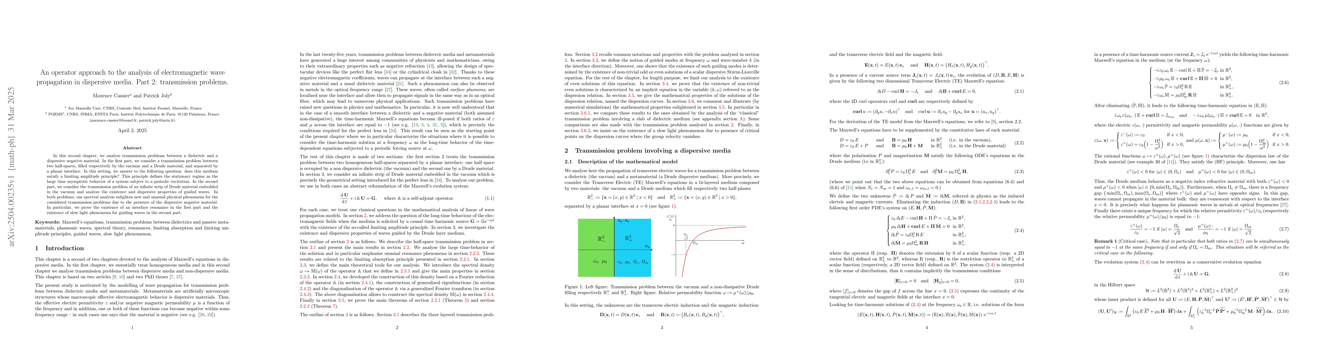 Thumbnail for An operator approach to the analysis of electromagnetic wave propagation
  in dispersive media. Part 2: transmission problems