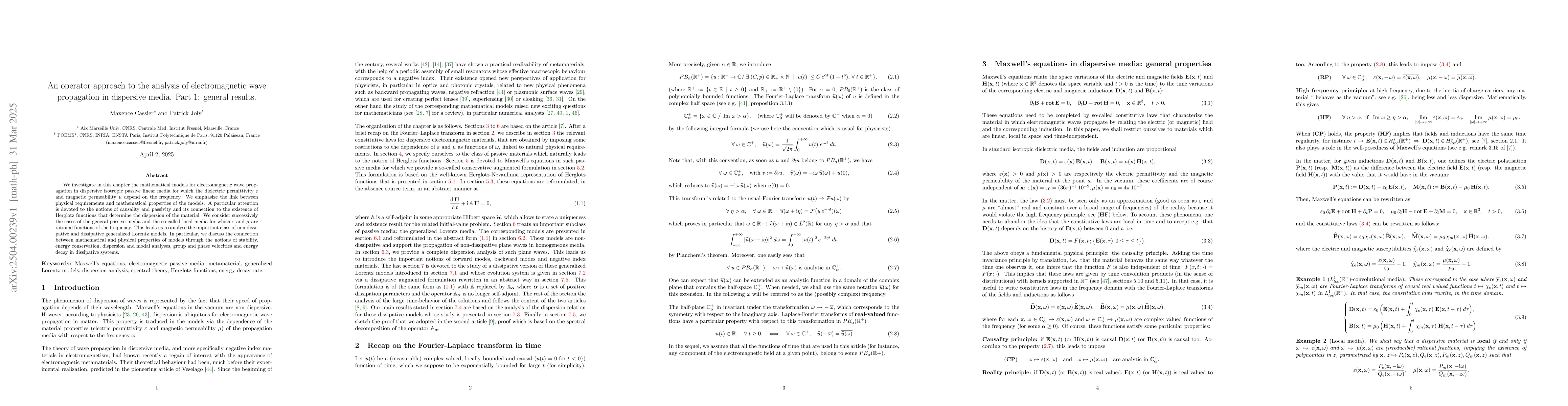 Thumbnail for An operator approach to the analysis of electromagnetic wave propagation
  in dispersive media. Part 1: general results