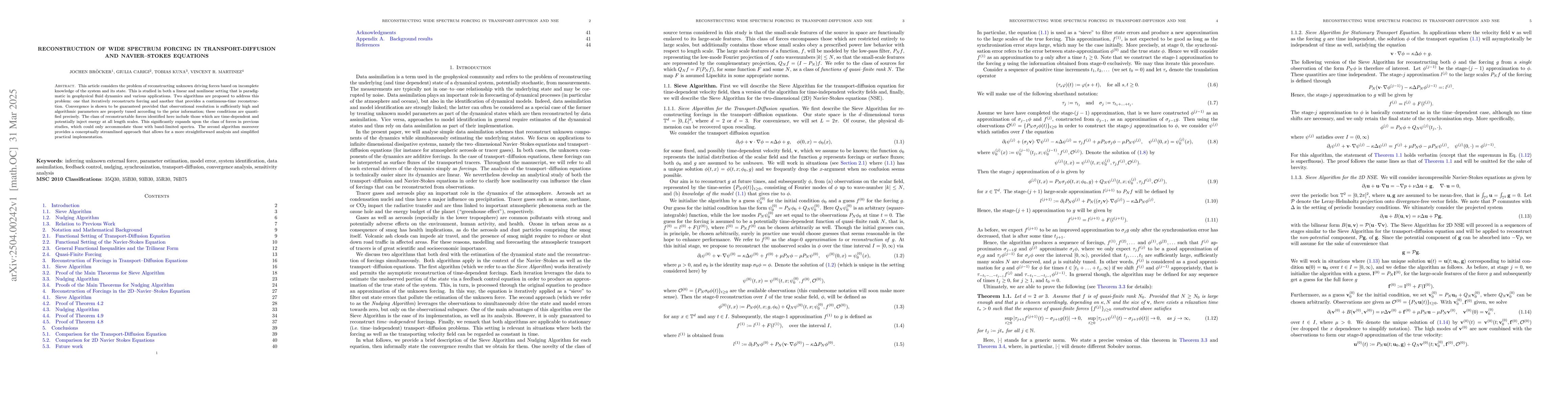Thumbnail for Reconstruction of wide spectrum forcing in transport-diffusion and
  Navier-Stokes equations