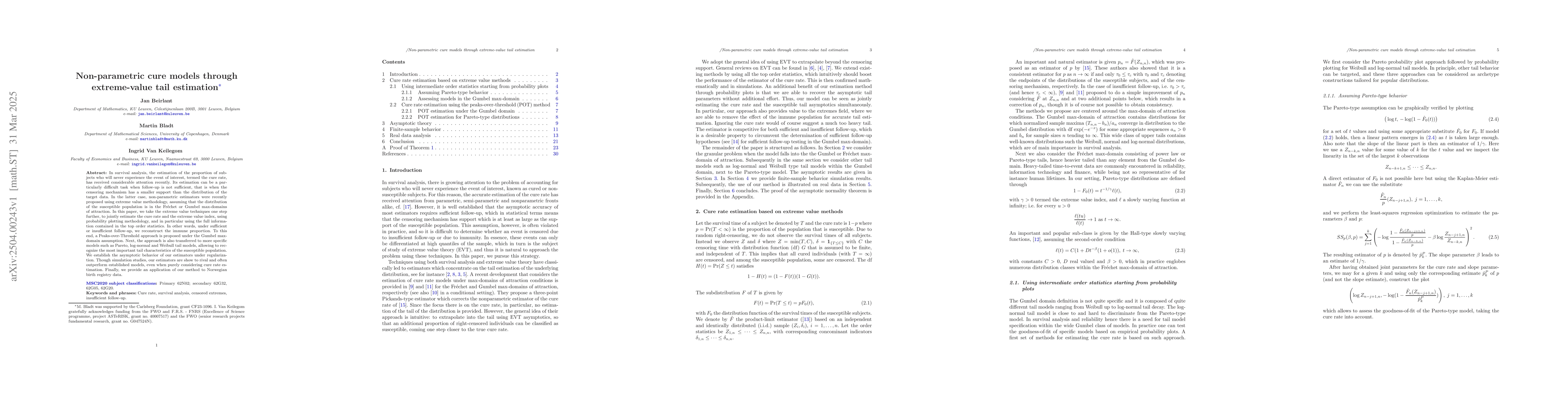 Thumbnail for Non-parametric cure models through extreme-value tail estimation