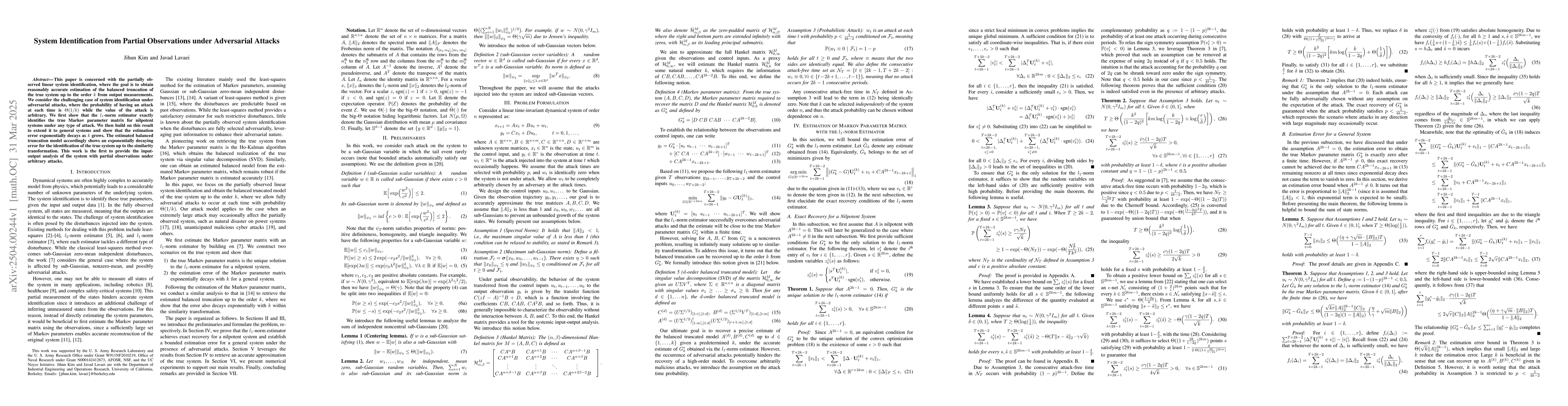 Thumbnail for System Identification from Partial Observations under Adversarial
  Attacks