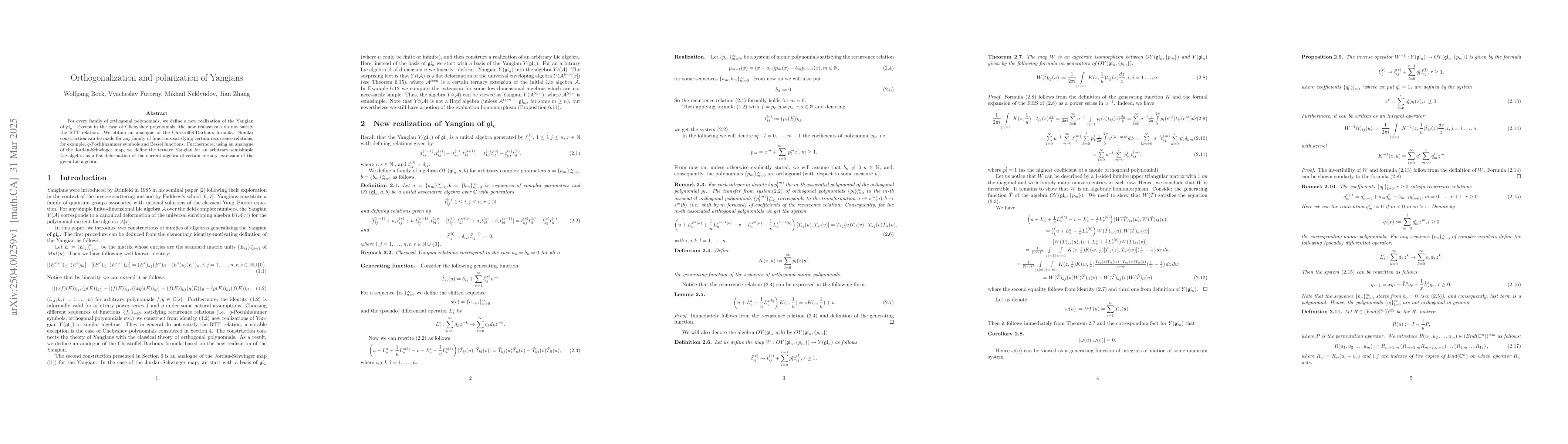 Thumbnail for Orthogonalization and polarization of Yangians