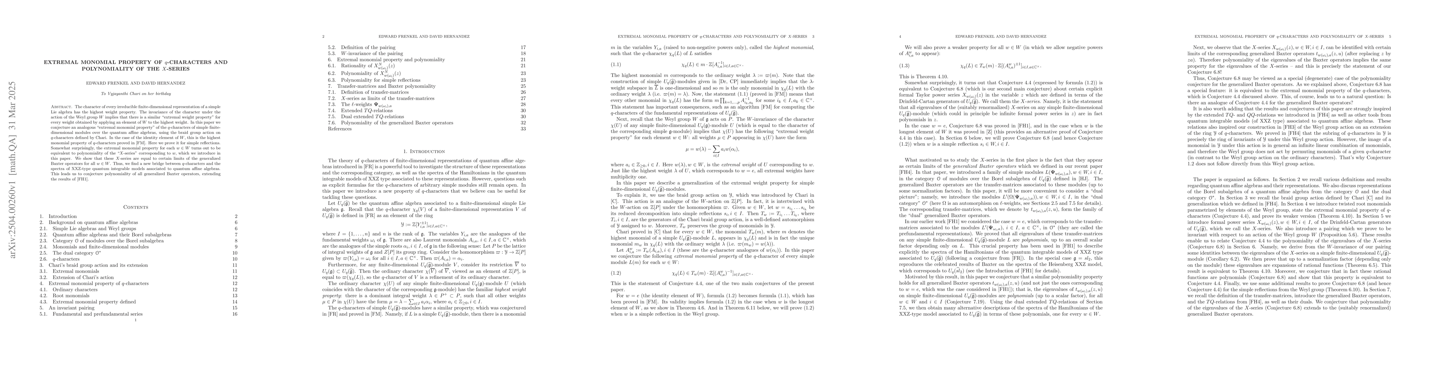 Thumbnail for Extremal monomial property of q-characters and polynomiality of the
  X-series