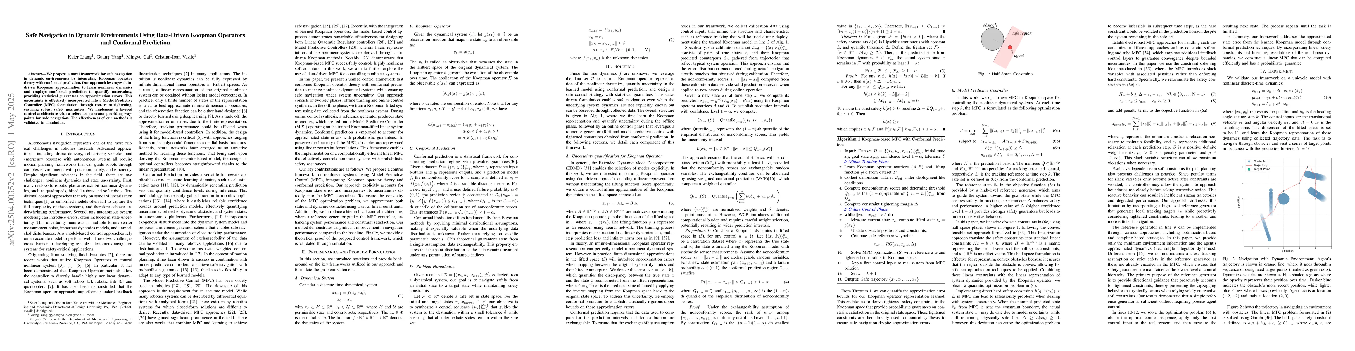 Thumbnail for Safe Navigation in Dynamic Environments Using Data-Driven Koopman
  Operators and Conformal Prediction