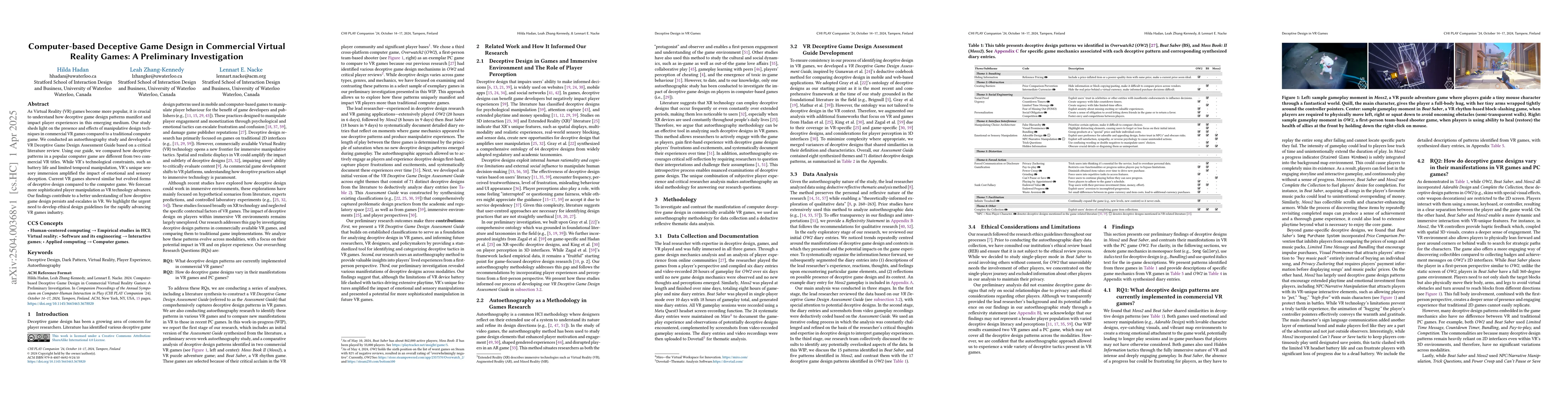 Thumbnail for Computer-based Deceptive Game Design in Commercial Virtual Reality
  Games: A Preliminary Investigation