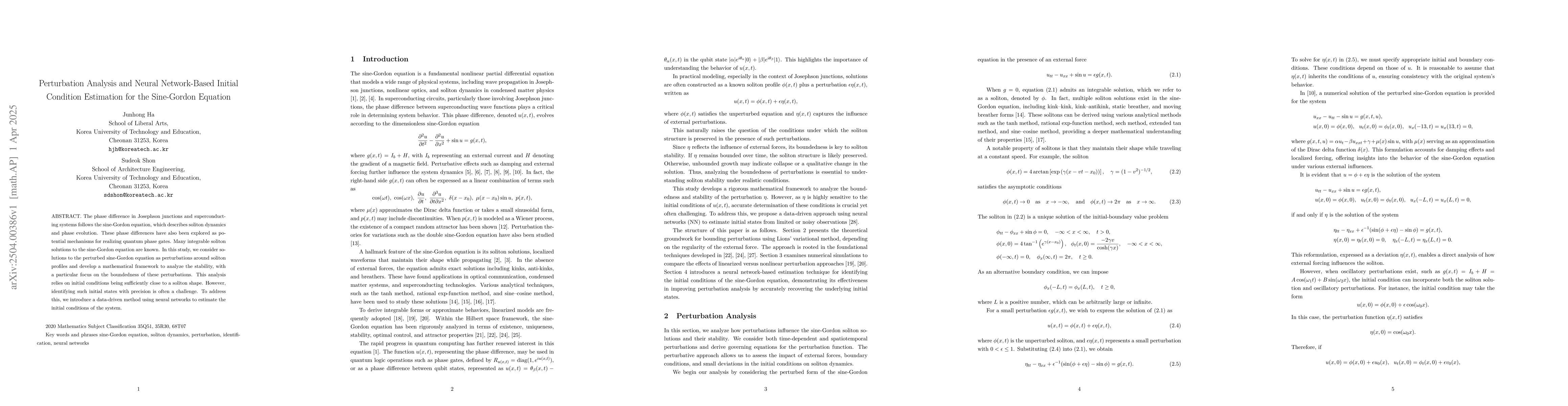 Thumbnail for Perturbation Analysis and Neural Network-Based Initial Condition
  Estimation for the Sine-Gordon Equation