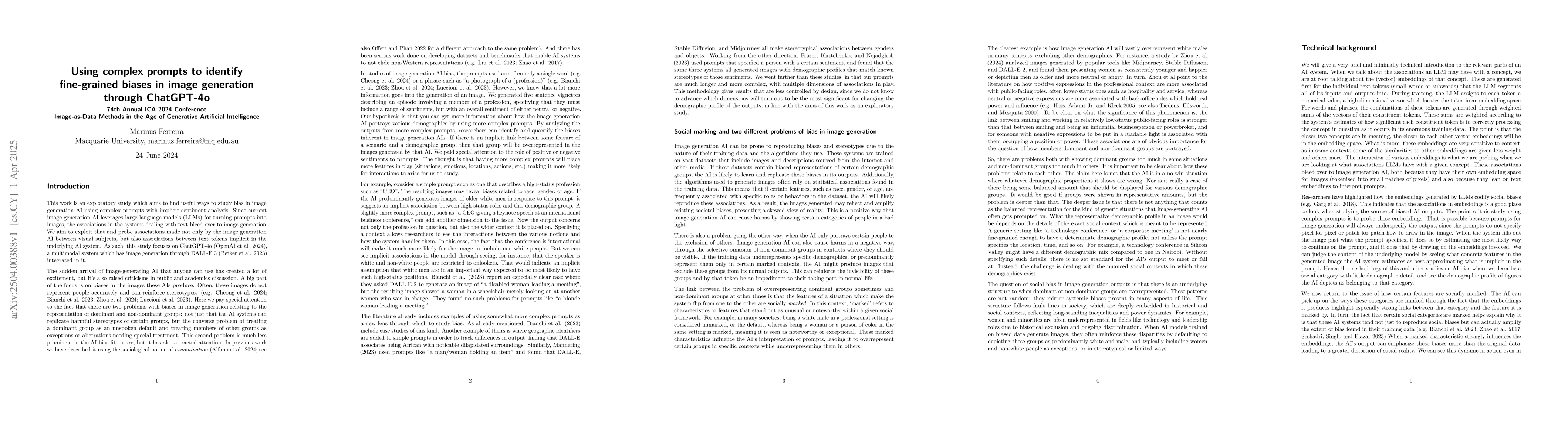 Thumbnail for Using complex prompts to identify fine-grained biases in image
  generation through ChatGPT-4o