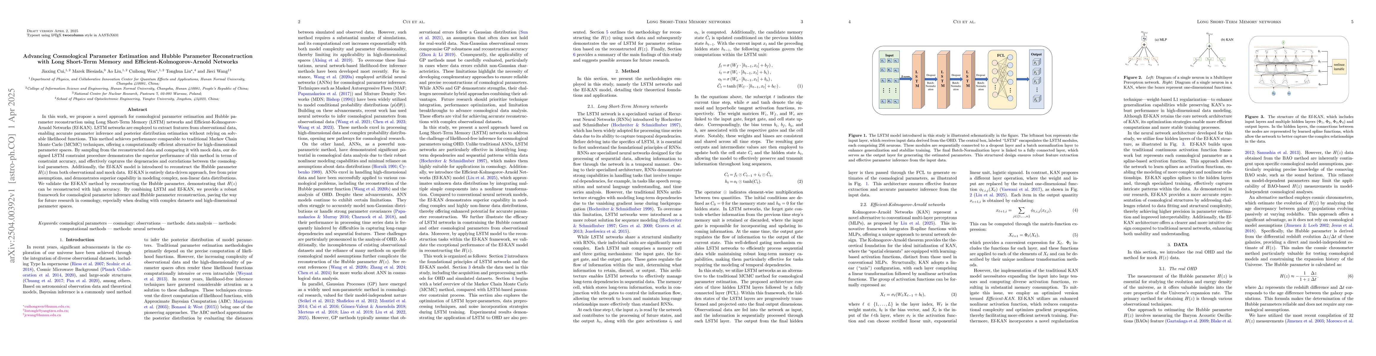 Thumbnail for Advancing Cosmological Parameter Estimation and Hubble Parameter
  Reconstruction with Long Short-Term Memory and Efficient-Kolmogorov-Arnold
  Networks