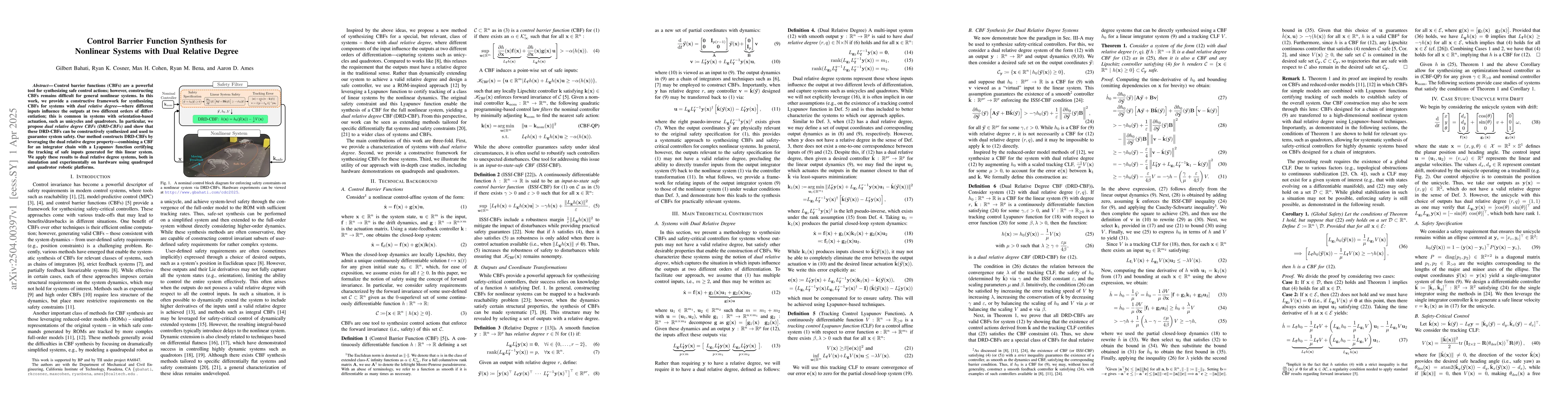 Thumbnail for Control Barrier Function Synthesis for Nonlinear Systems with Dual
  Relative Degree