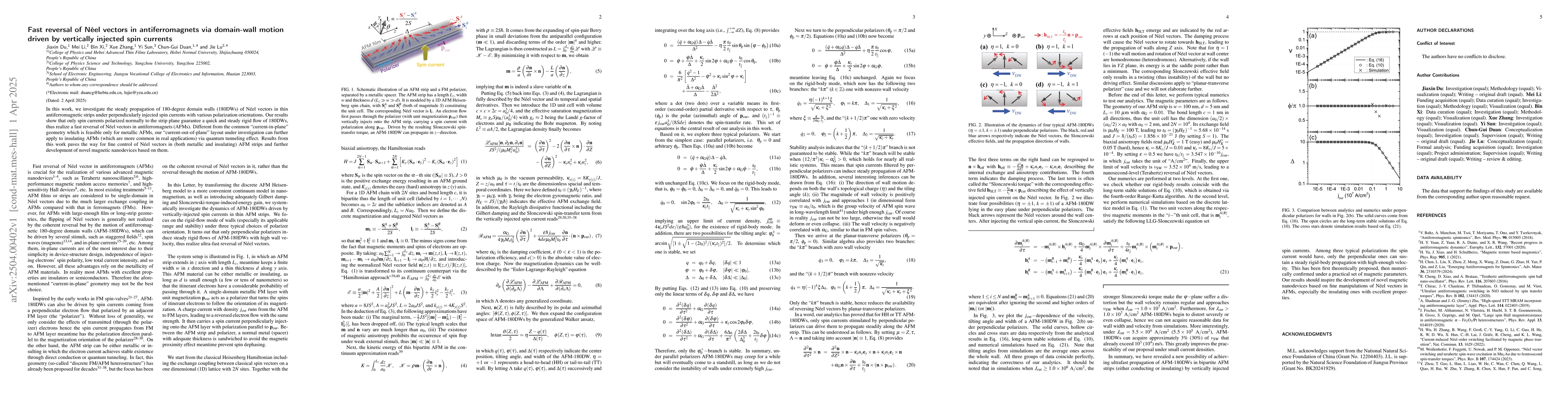 Thumbnail for Fast reversal of Néel vectors in antiferromagnets via domain-wall
  motion driven by vertically injected spin currents