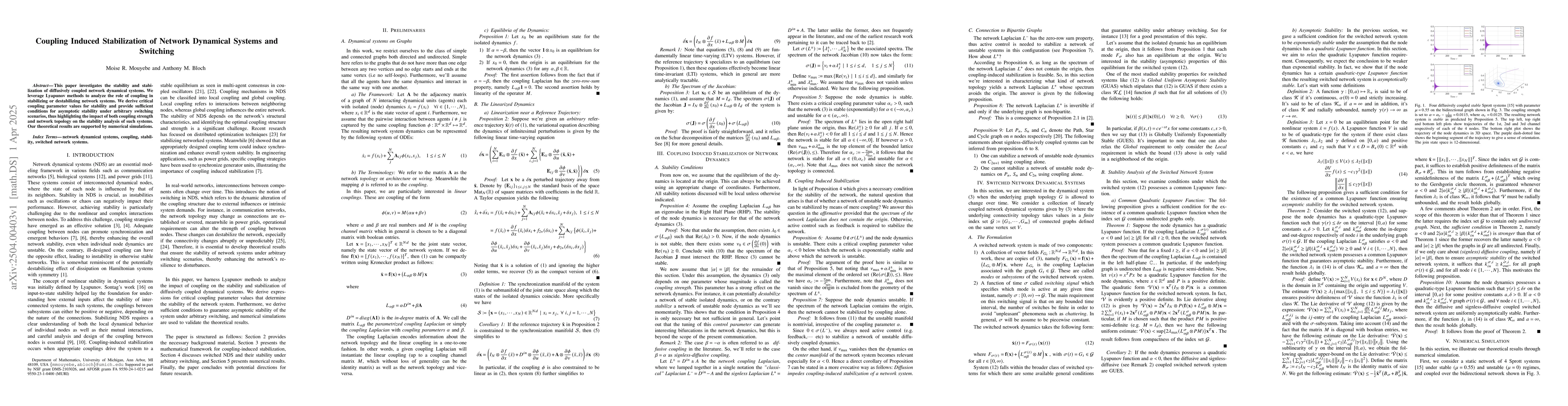 Thumbnail for Coupling Induced Stabilization of Network Dynamical Systems and
  Switching