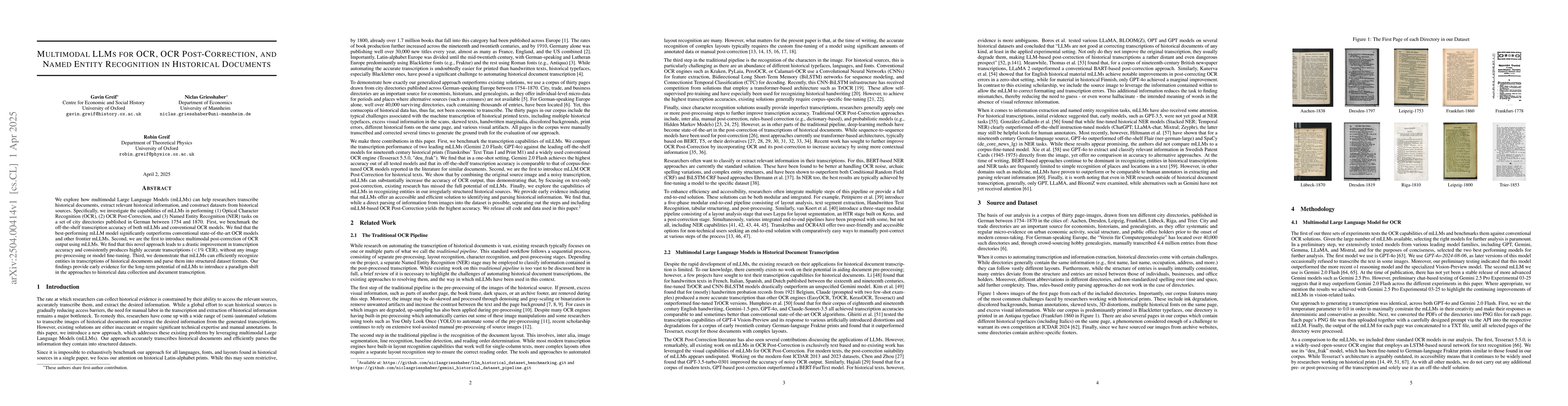 Thumbnail for Multimodal LLMs for OCR, OCR Post-Correction, and Named Entity
  Recognition in Historical Documents