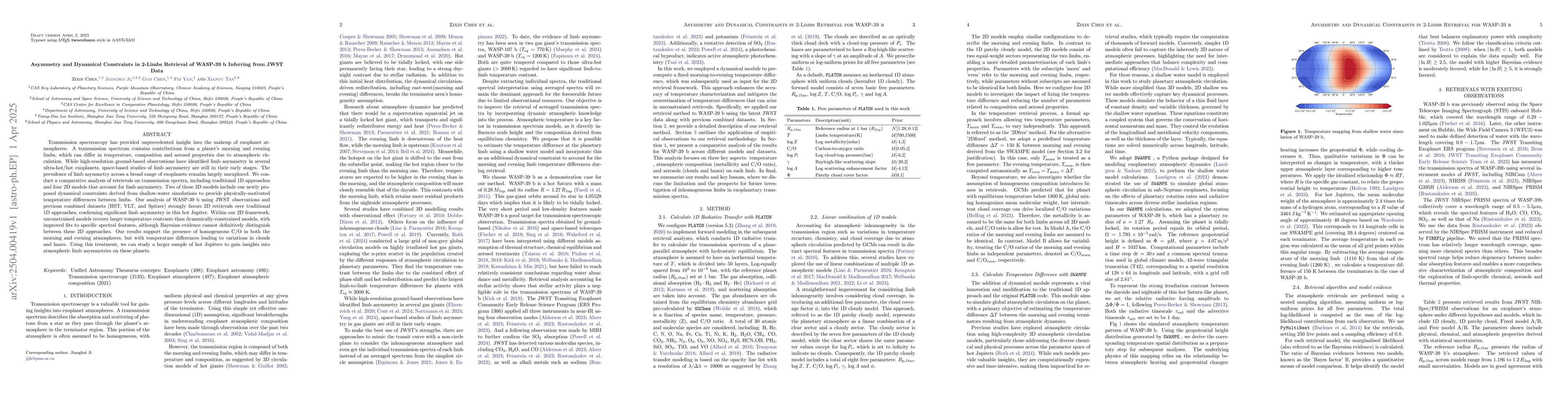 Thumbnail for Asymmetry and Dynamical Constraints in 2-Limbs Retrieval of WASP-39 b
  Inferring from JWST Data