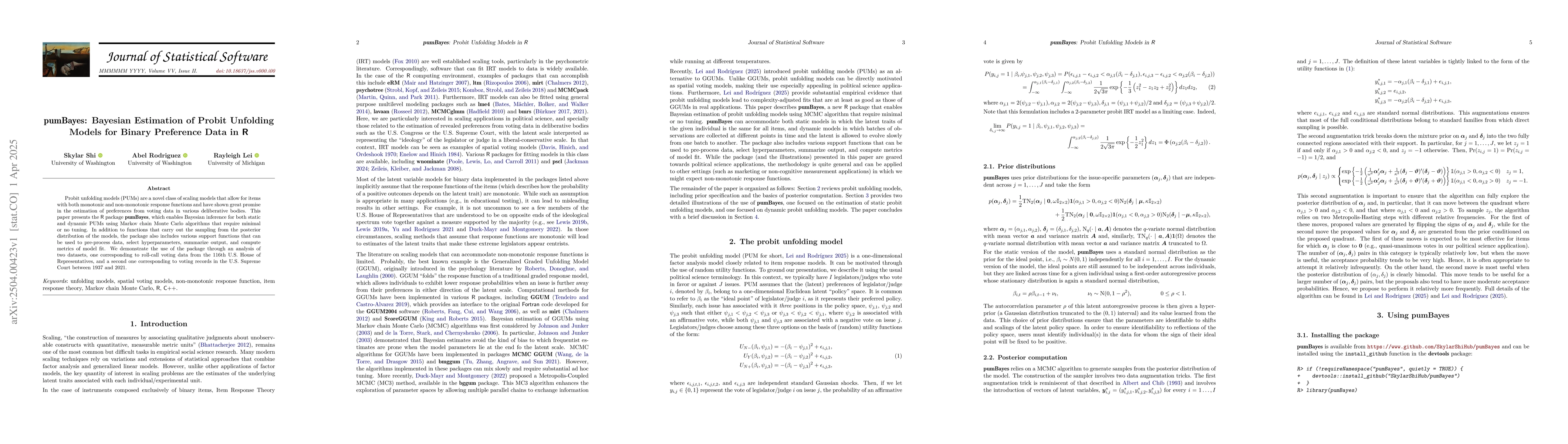 Thumbnail for pumBayes: Bayesian Estimation of Probit Unfolding Models for Binary
  Preference Data in R