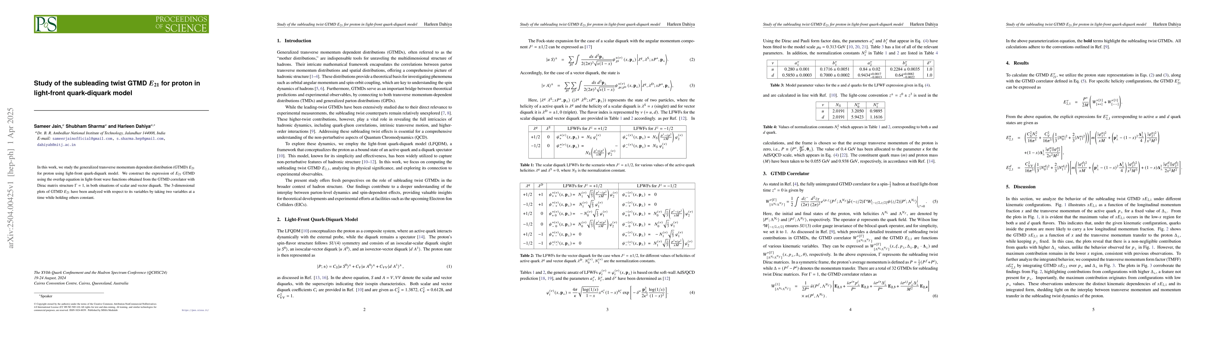 Thumbnail for Study of the subleading twist GTMD $E_{21}$ for proton in light-front
  quark-diquark model
