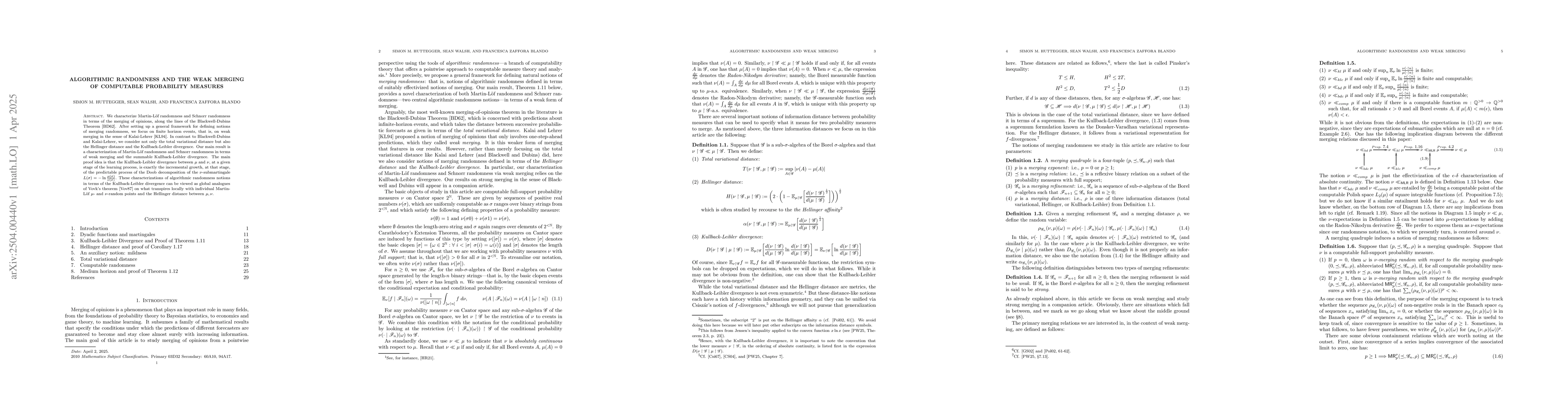 Thumbnail for Algorithmic randomness and the weak merging of computable probability
  measures