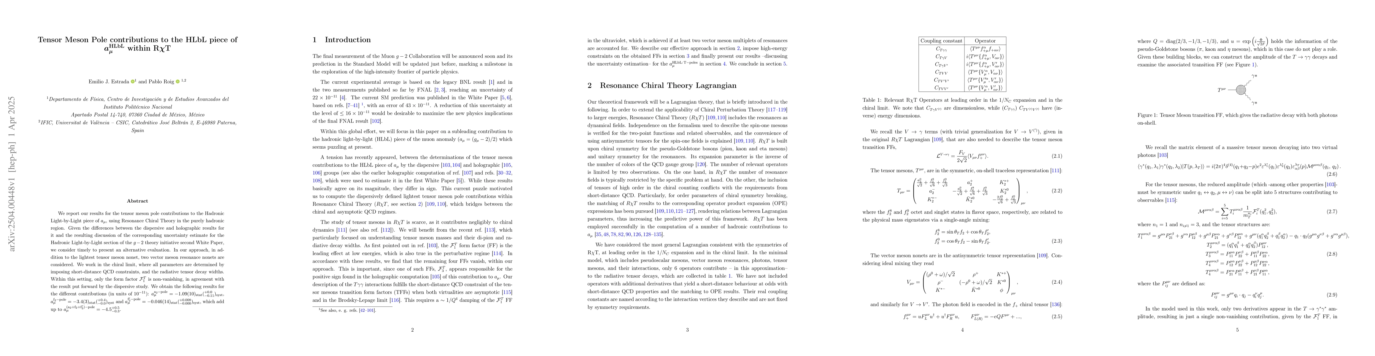 Thumbnail for Tensor Meson Pole contributions to the HLbL piece of
  $a_μ^{\rm{HLbL}}$ within R$χ$T