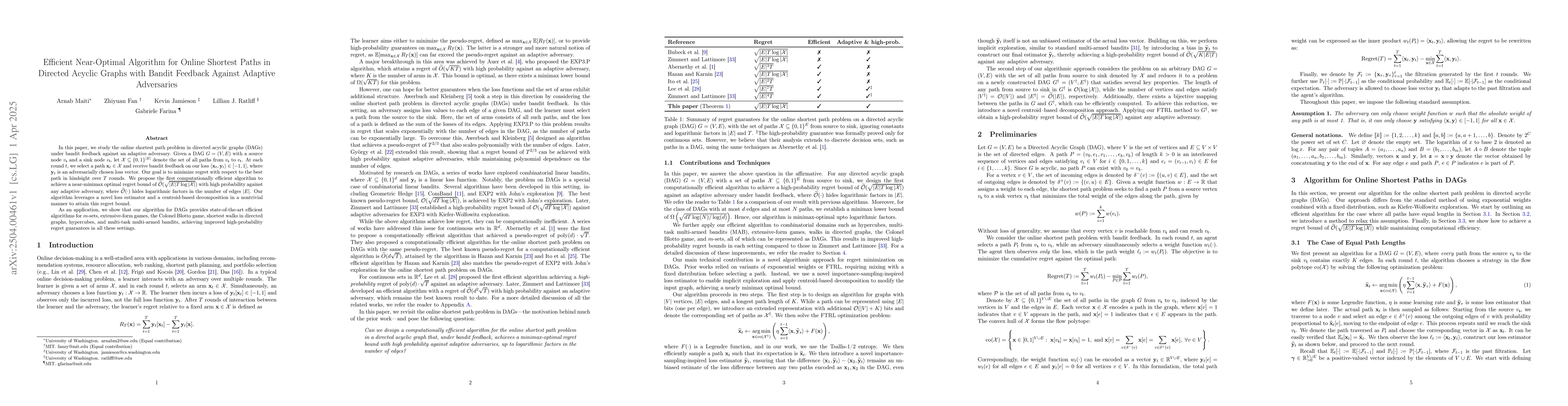 Thumbnail for Efficient Near-Optimal Algorithm for Online Shortest Paths in Directed
  Acyclic Graphs with Bandit Feedback Against Adaptive Adversaries