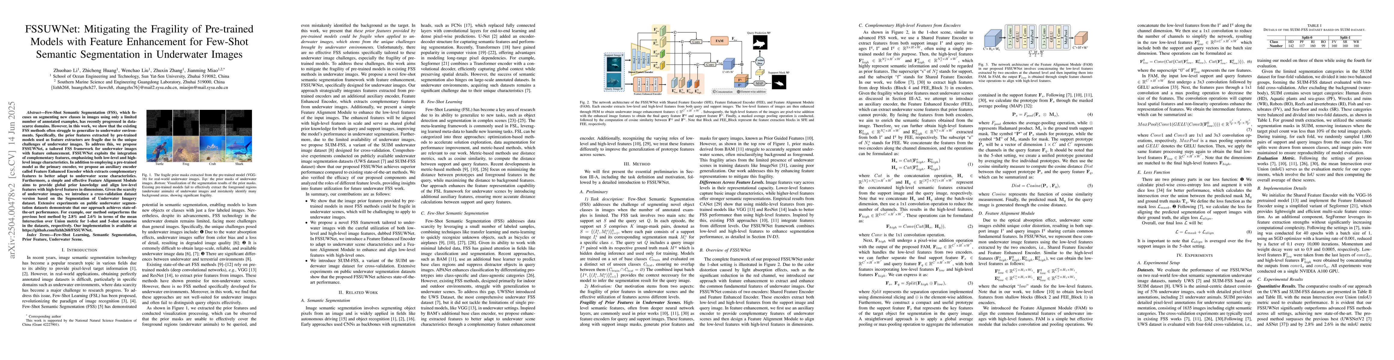Thumbnail for FSSUWNet: Mitigating the Fragility of Pre-trained Models with Feature
  Enhancement for Few-Shot Semantic Segmentation in Underwater Images