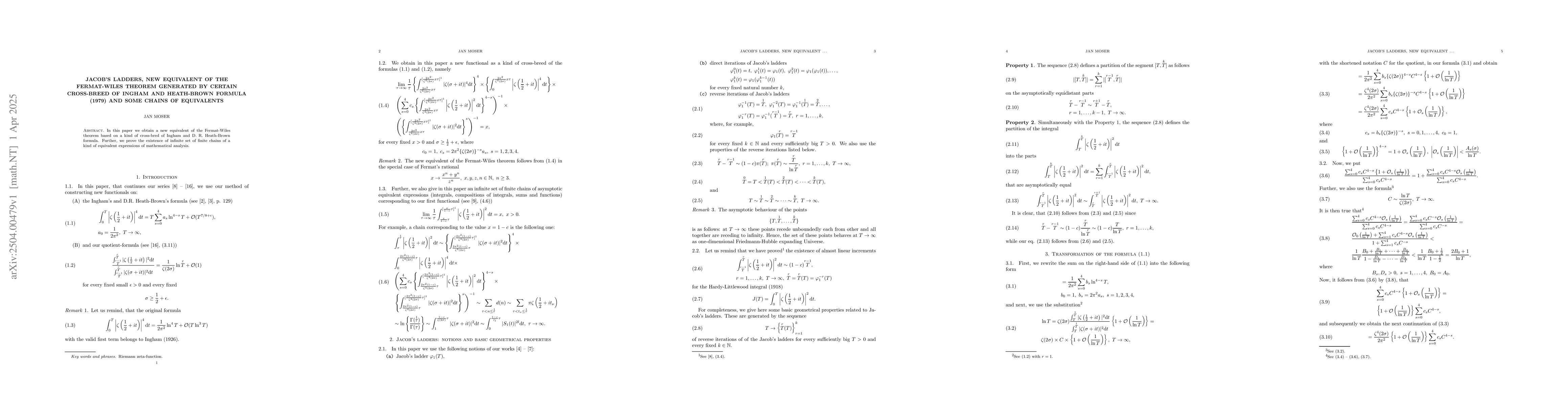 Thumbnail for Jacob's ladders, new equivalent of the Fermat-Wiles theorem generated by
  certain cross-breed of Ingham and Heath-Brown formula (1979) and some chains
  of equivalents