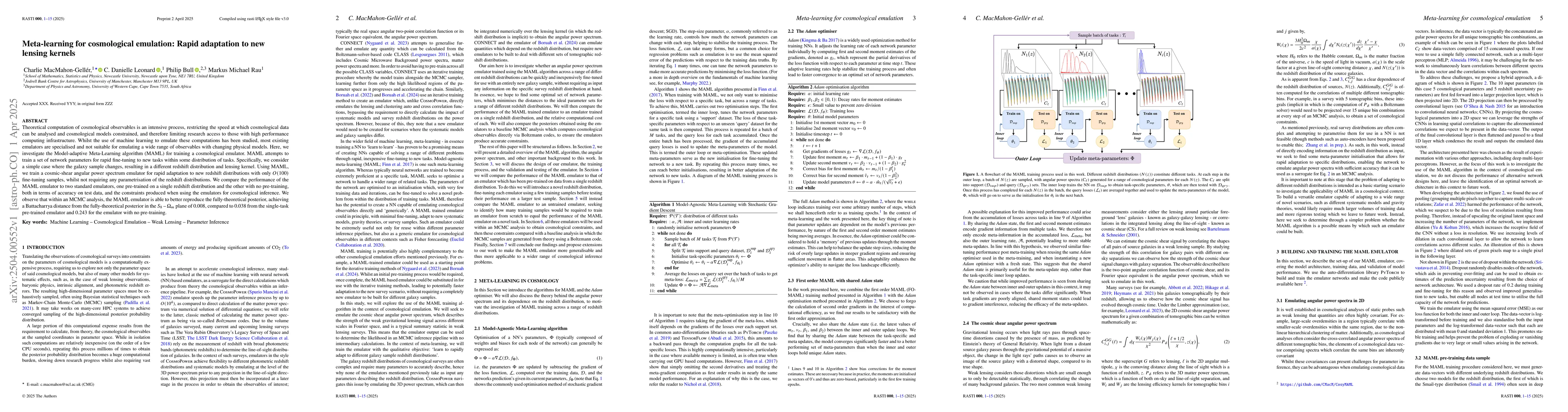 Thumbnail for Meta-learning for cosmological emulation: Rapid adaptation to new
  lensing kernels