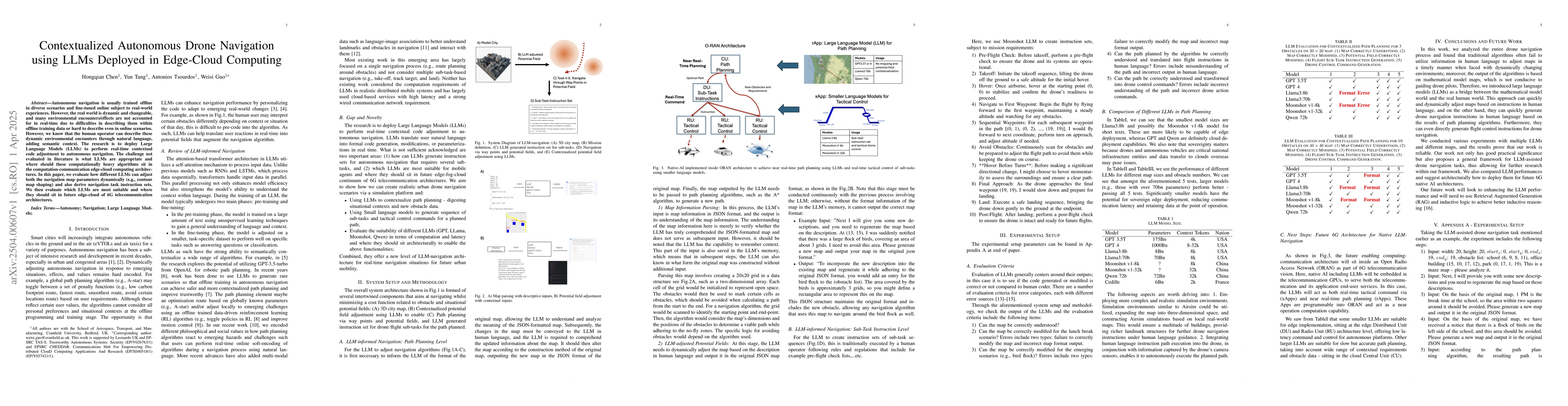 Thumbnail for Contextualized Autonomous Drone Navigation using LLMs Deployed in
  Edge-Cloud Computing