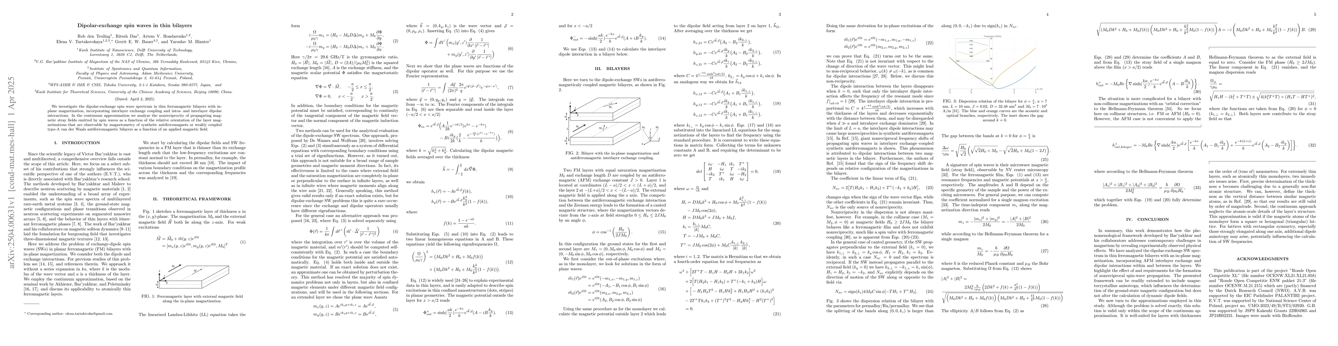 Thumbnail for Dipolar-exchange spin waves in thin bilayers