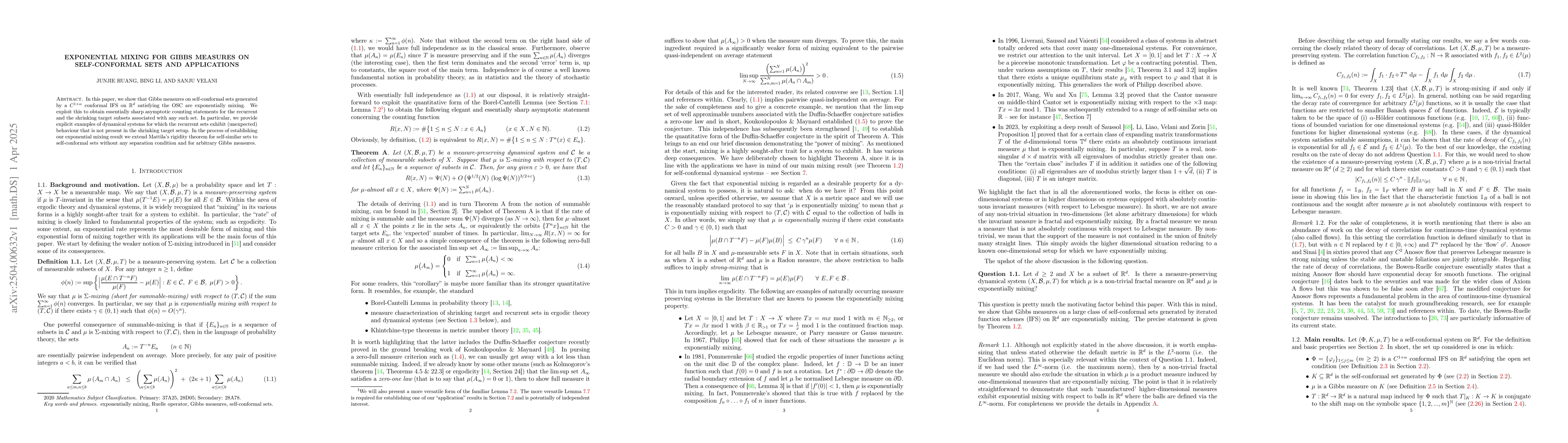 Thumbnail for Exponential mixing for Gibbs measures on self-conformal sets and
  applications