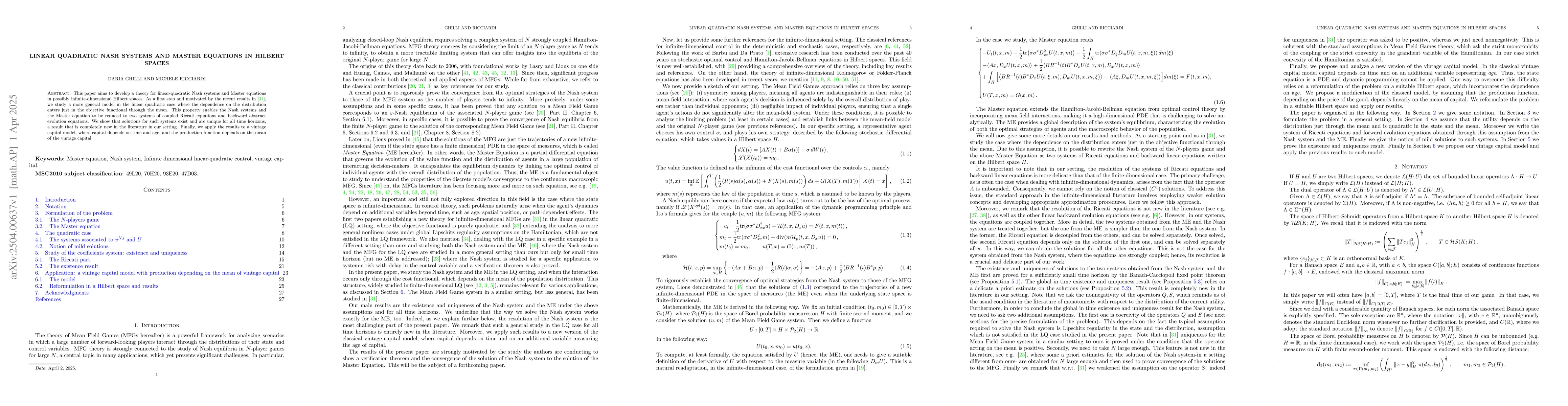 Thumbnail for Linear Quadratic Nash Systems and Master Equations in Hilbert Spaces