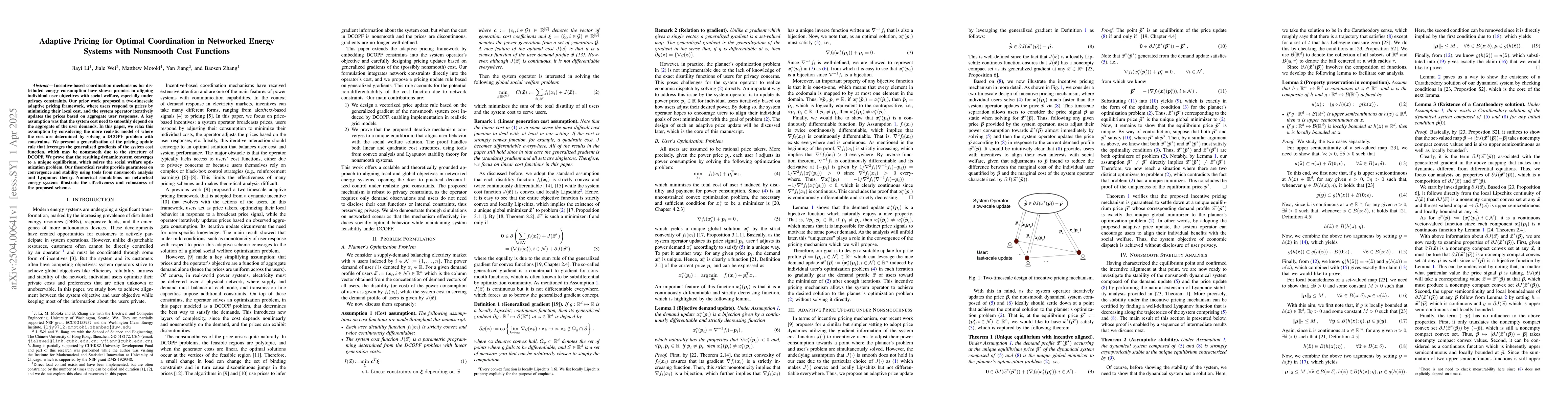 Thumbnail for Adaptive Pricing for Optimal Coordination in Networked Energy Systems
  with Nonsmooth Cost Functions