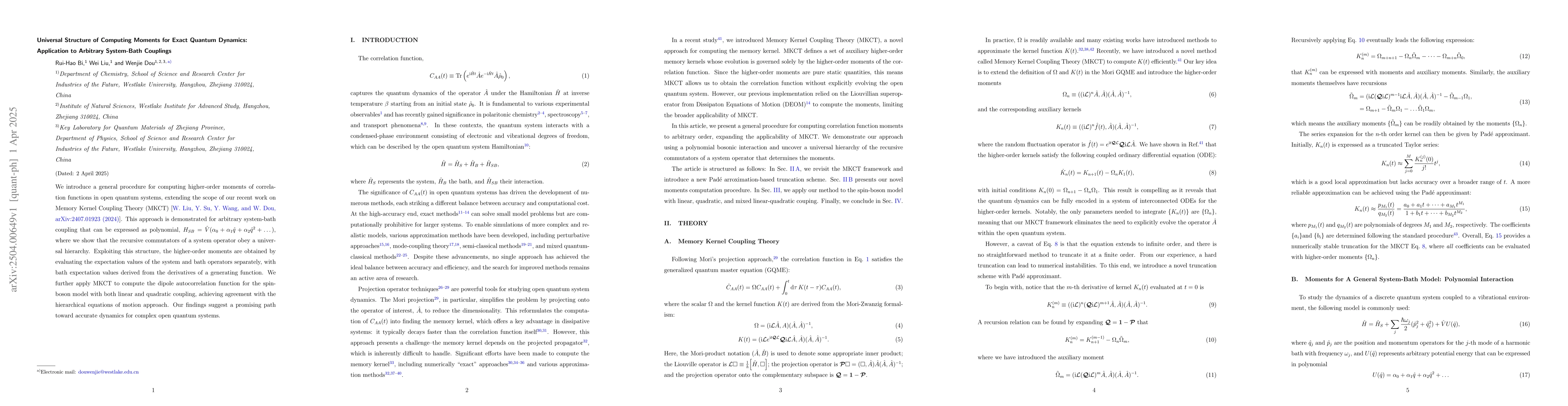 Thumbnail for Universal Structure of Computing Moments for Exact Quantum Dynamics:
  Application to Arbitrary System-Bath Couplings