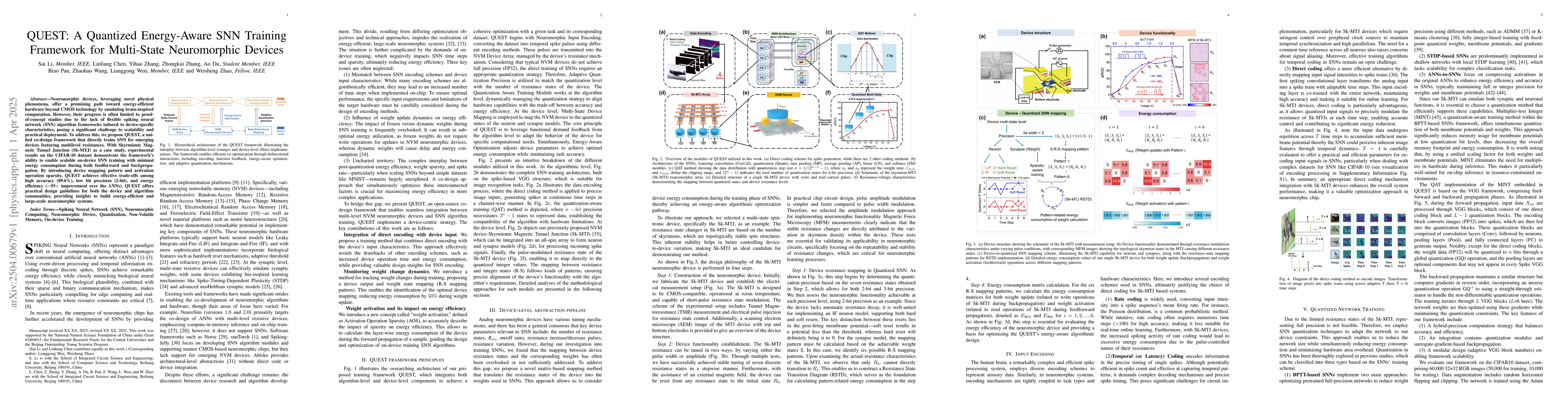 Thumbnail for QUEST: A Quantized Energy-Aware SNN Training Framework for Multi-State
  Neuromorphic Devices