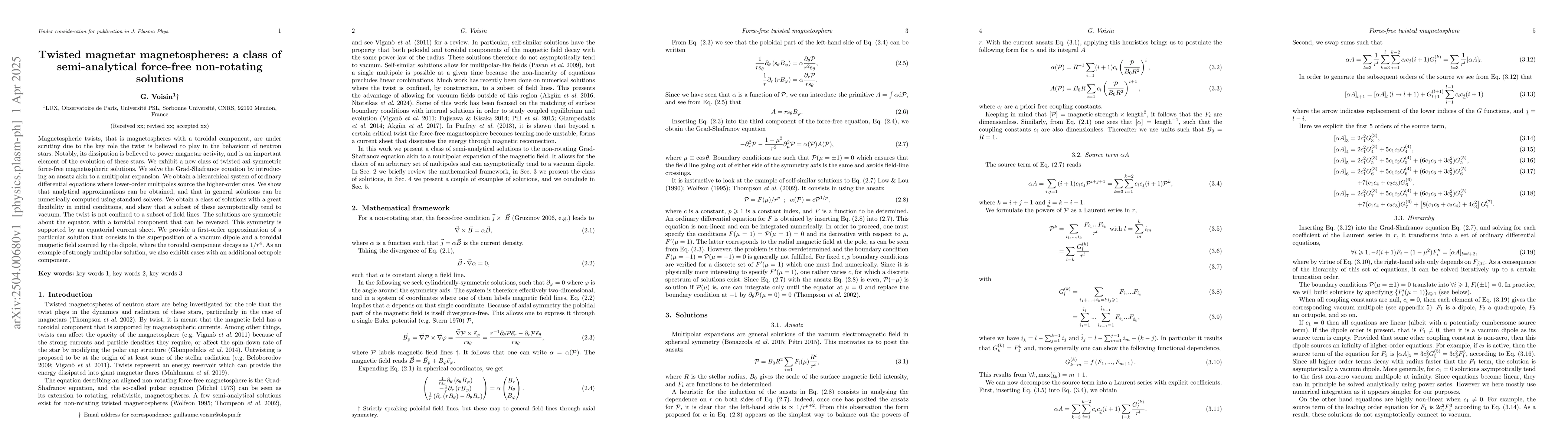 Thumbnail for Twisted magnetar magnetospheres: a class of semi-analytical force-free
  non-rotating solutions