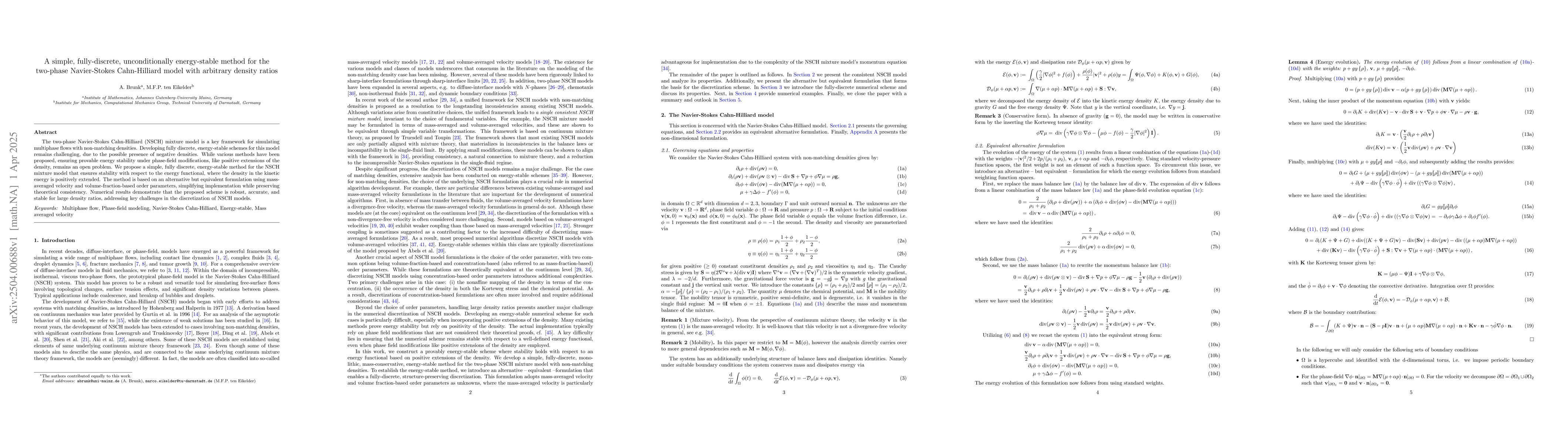 Thumbnail for A simple, fully-discrete, unconditionally energy-stable method for the
  two-phase Navier-Stokes Cahn-Hilliard model with arbitrary density ratios