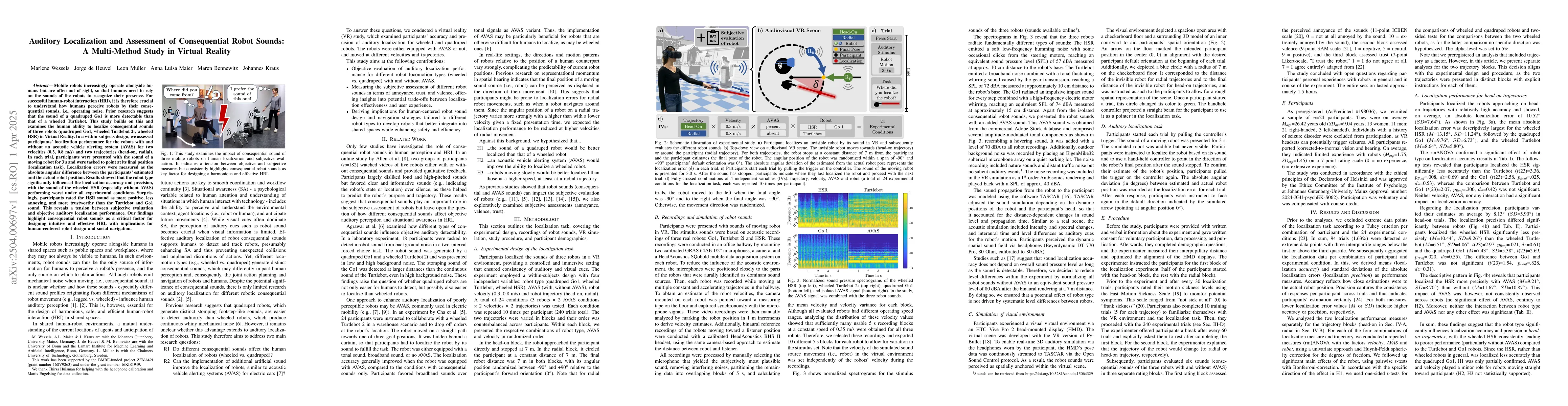 Thumbnail for Auditory Localization and Assessment of Consequential Robot Sounds: A
  Multi-Method Study in Virtual Reality
