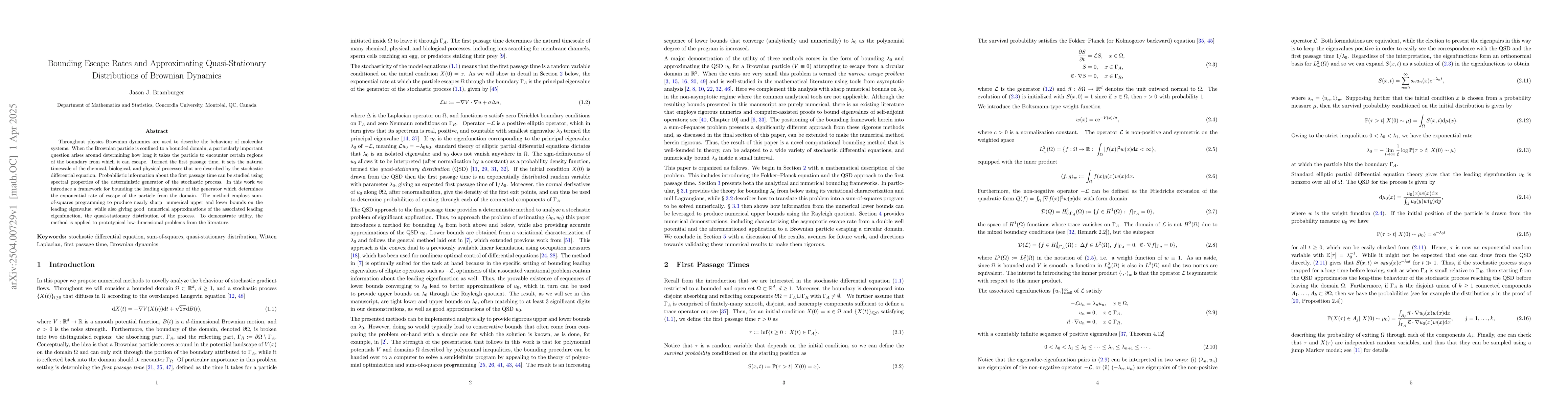 Thumbnail for Bounding Escape Rates and Approximating Quasi-Stationary Distributions
  of Brownian Dynamics