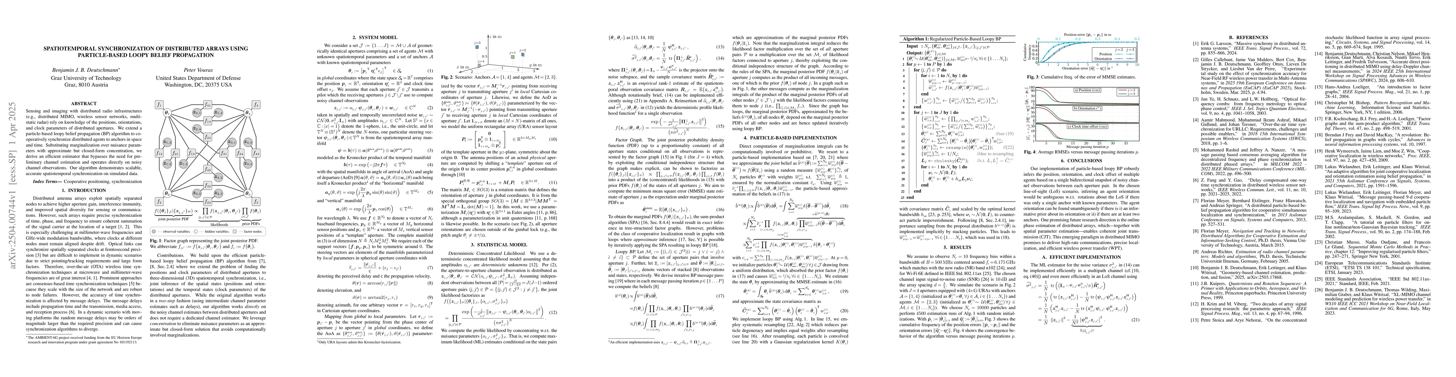 Thumbnail for Spatiotemporal Synchronization of Distributed Arrays using
  Particle-Based Loopy Belief Propagation