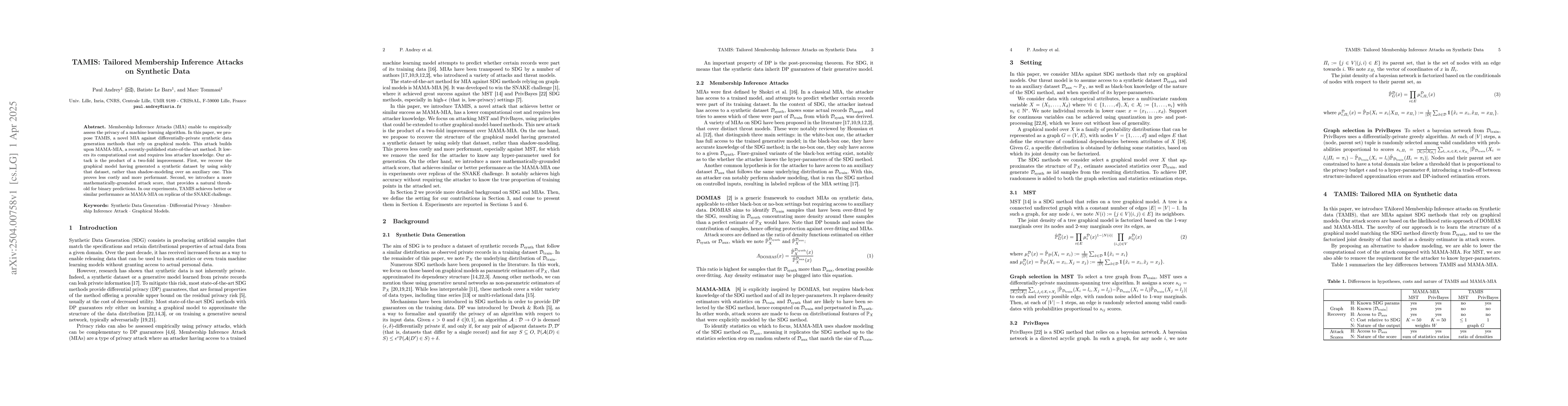 Thumbnail for TAMIS: Tailored Membership Inference Attacks on Synthetic Data